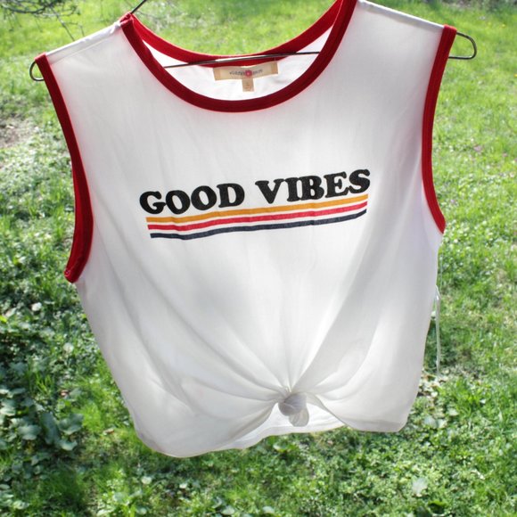 Wishful Park Tops - Crop Tank top, tie front Ringer, Good Vibes
